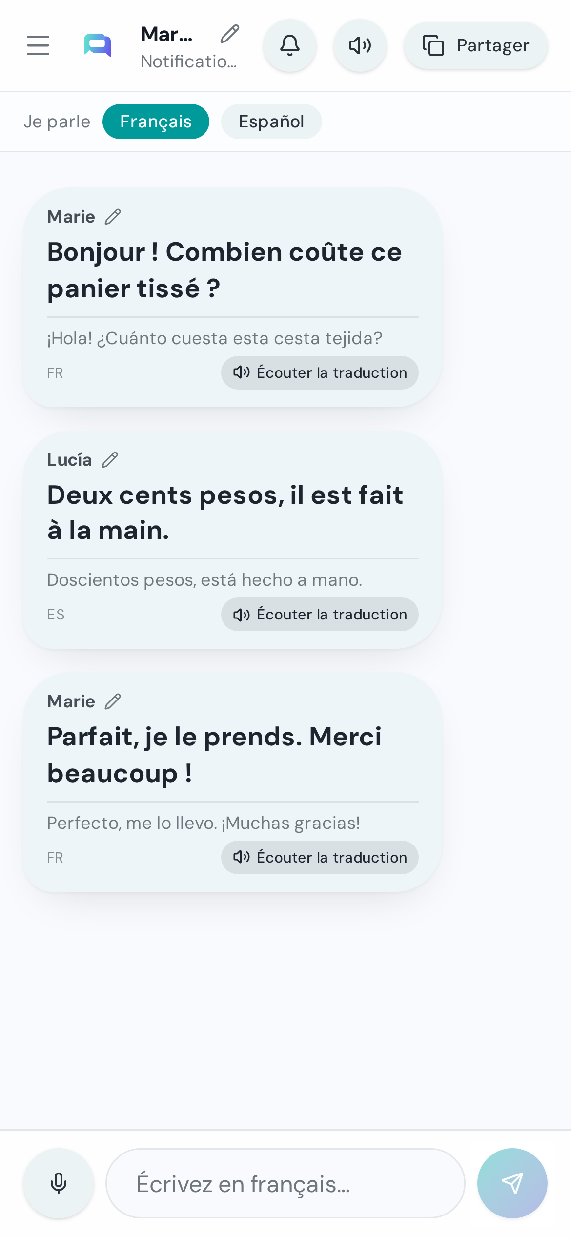 L'interface Parlo côté français