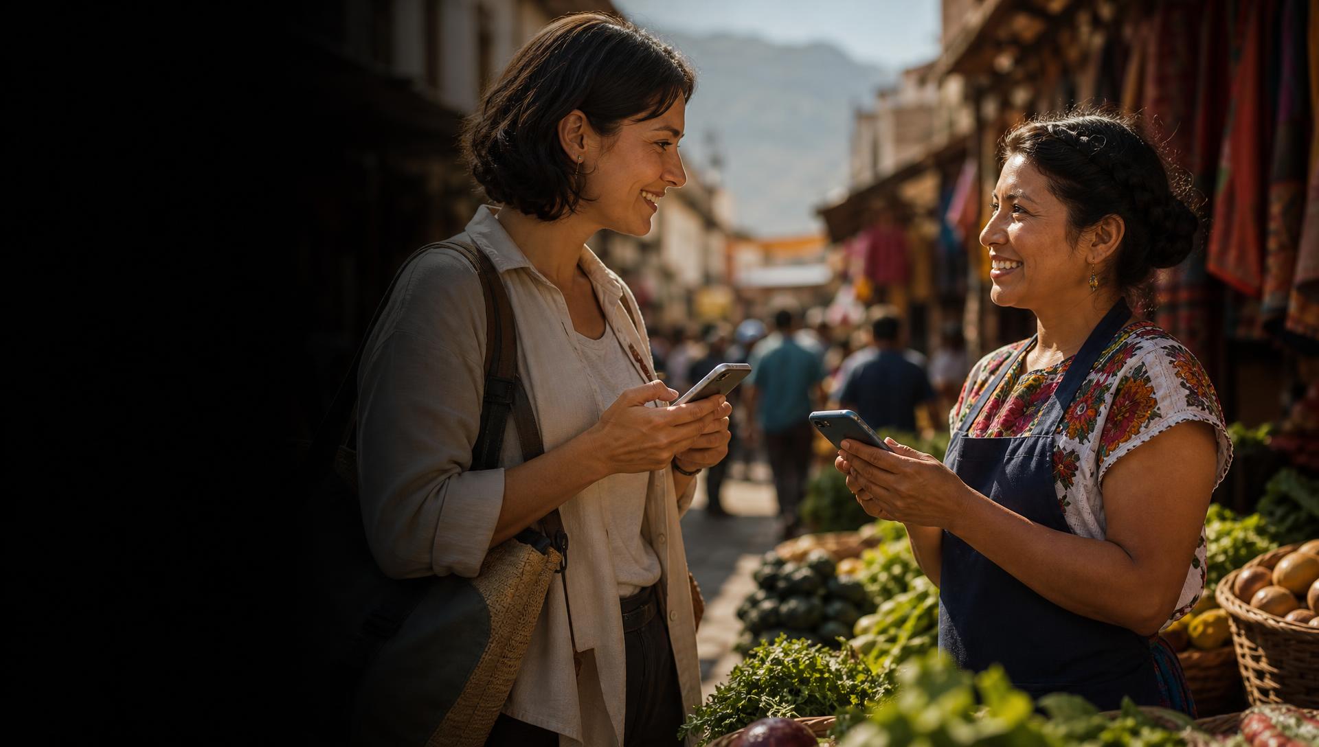 Une voyageuse francophone et une commerçante mexicaine se comprennent, chacune avec son propre téléphone
