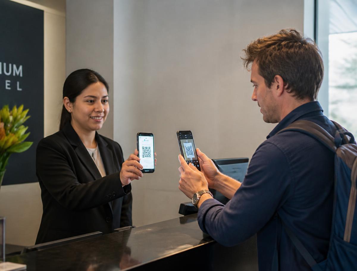 Une réceptionniste montre un QR code qu'un voyageur scanne avec son propre téléphone